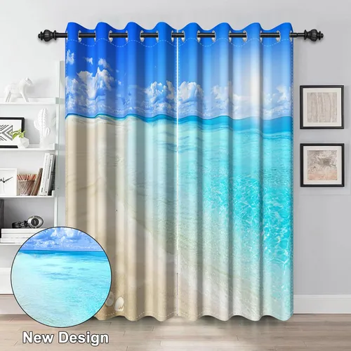 Miniatura 2 de Renaiss Cortinas opacas con diseño de mar tropical, nublado, cielo azul y verde azulado, estrella de mar transparente en playa arenosa, sala