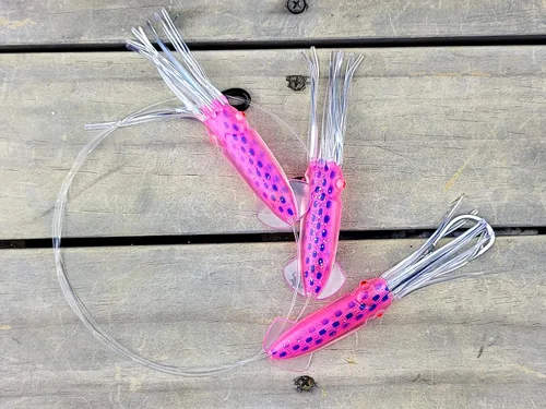 Miniatura 5 de Lobo Lures Cadena de calamar de cuerpo suave, color rosa y azul, caramelo de atún de 4.5 pulgadas, gran juego, pesca, margarita, señuelo de arrastre