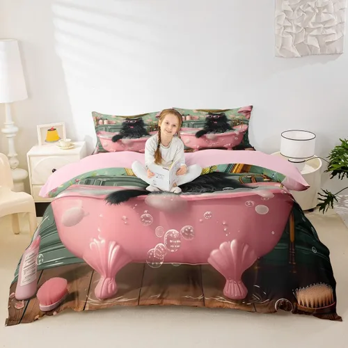 Miniatura 3 de Juego de funda de edredón para niños con diseño de gato negro, tamaño individual, juego de ropa de cama de animales lindos con burbujas de baño