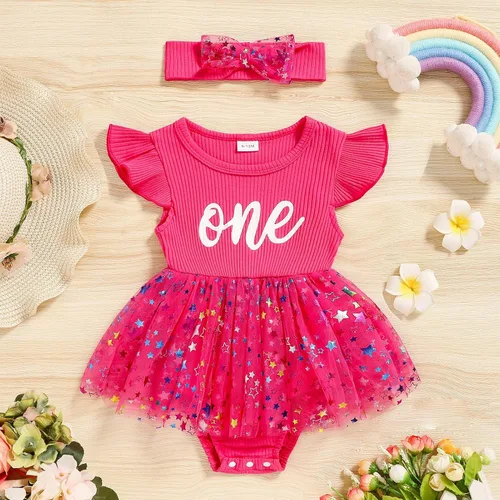 Miniatura 70 de GRNSHTS Traje de bebé niña 1er cumpleaños traje acanalado tul mameluco princesa pastel Smash sesión de fotos ropa + diadema