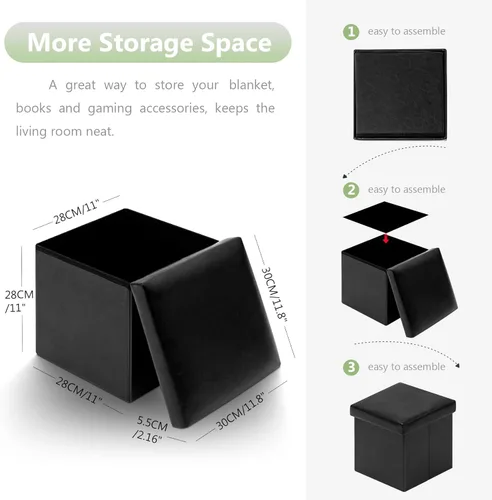 Miniatura 3 de B FSOBEIIALEO Cubo otomano plegable de almacenamiento con piel sintética para sala de estar, dormitorio, oficina en casa, reposapiés de Negro