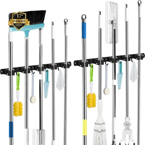 Miniatura 9 de Soporte de pared negro para fregona y escoba con 5 estantes y 4 ganchos, organizador de escobas, estantes de almacenamiento de herramientas de acero