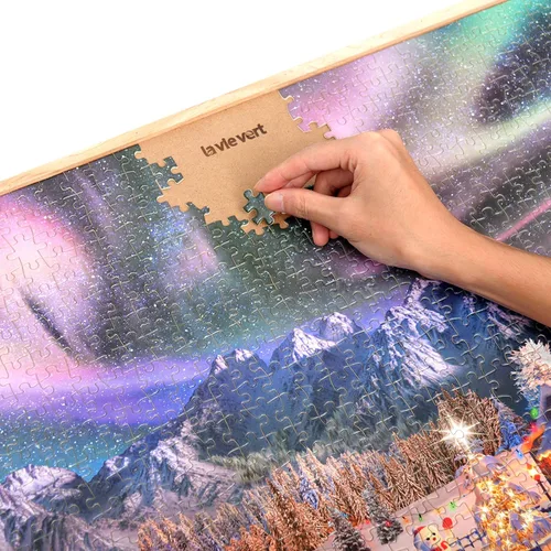 Miniatura 5 de Lavievert Rompecabezas de 1000 piezas para adultos – Noche nevada, aurora, árbol de Navidad, muñeco de nieve, trineo, escultura de hielo y ciervo