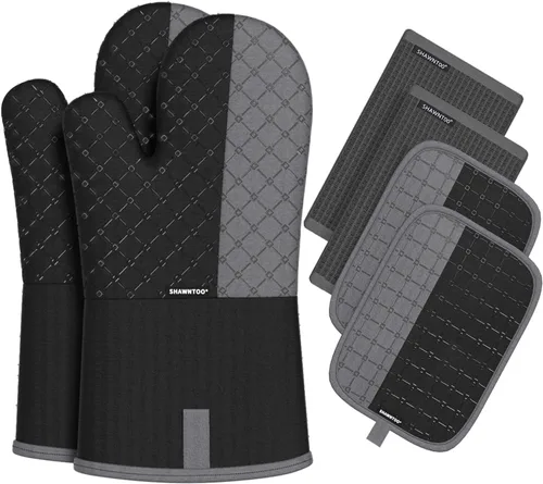 Juego de 6 manoplas para horno y agarraderas, guantes para horno de cocina, resistentes al calor, 550 grados, extra largos, con superficie de Negro