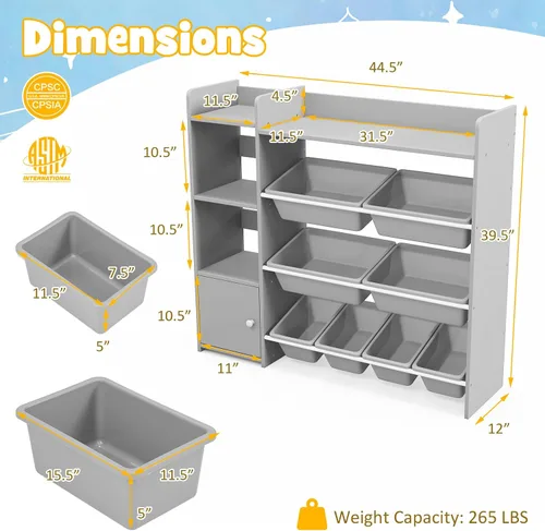 Miniatura 3 de GLACER Organizador de almacenamiento de juguetes para niños, estante de juguetes de 4 niveles con 8 contenedores de almacenamiento de plástico y Gris