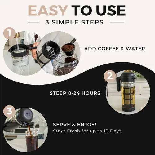Miniatura 6 de VINCI Cold Brew 360, Cafetera de Vidrio para Cold Brew con Tecnología de Preparación de Doble Filtro 360 Patentada, Cold Brew para Café Helado