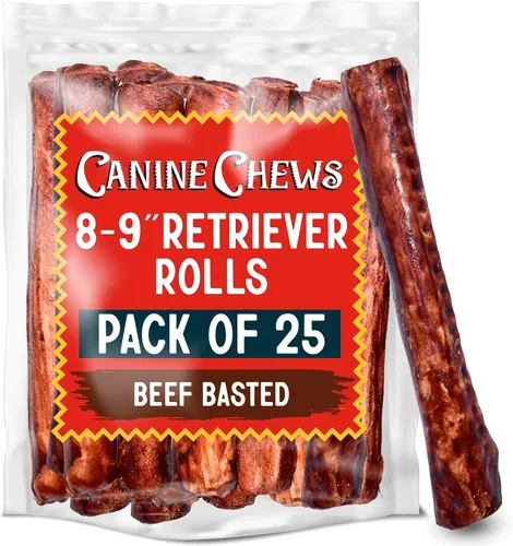Canine Chews 8-9" Rollos de Cuero Crudo Asados de Ternera, Huesos de Cuero Crudo para Perros Grandes, Huesos para Perros de Razas Grandes,