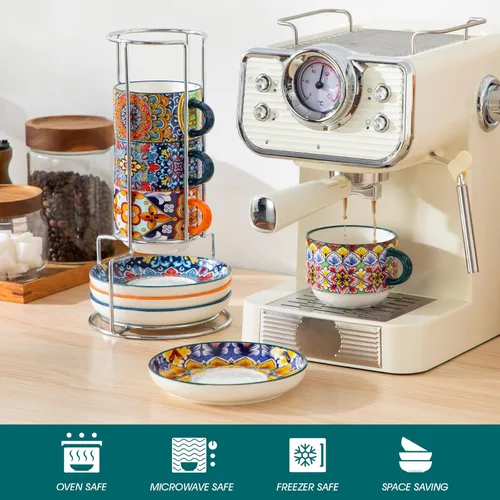Miniatura 4 de vancasso Juego de 4 tazas de café espresso apilables de 8 onzas con platillos y soporte de metal, tazas de capuchino de cerámica bohemia, aptas