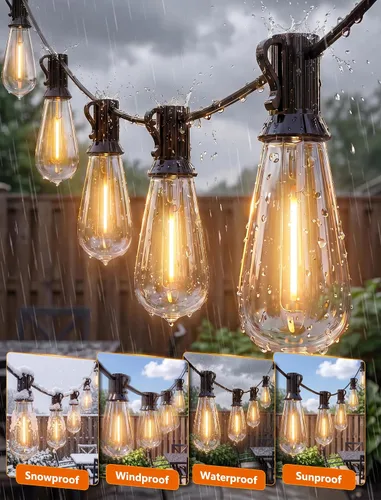 Miniatura 5 de Oviejo Tira de luces LED para exteriores de 100 pies, impermeable, con 52 bombillas LED ST40, base E17, para cubierta, exterior, patio, casa