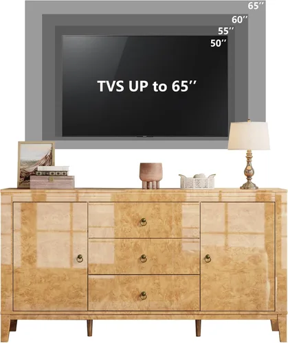 Miniatura 4 de LUXOAK Aparador Buffet de Madera Burl de Alto Brillo de 60'' Mesa Buffet con 3 Cajones y 2 Almacenamientos Cerrados, Aparador Moderno de Mediados