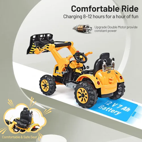 Miniatura 6 de OLAKIDS - Carrito excavador para niños, tractor de construcción a batería de 12 V con cubo de trabajo, bocina, excavadora de carga frontal a batería