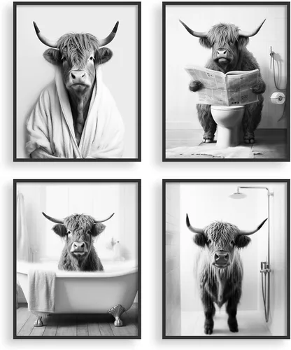 Miniatura 2 de heilkee Decoración de baño de vaca de las tierras altas en blanco y negro, divertido arte de pared de animales para baño, decoración moderna