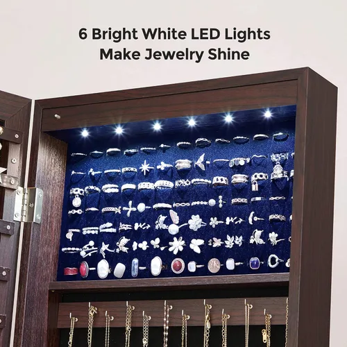 Miniatura 5 de SONGMICS - Armario de joyería con espejo y con 6 luces LED, organizador de joyería de pie con espejo y con cerradura, 2 cajones, color marrón UJJC94K