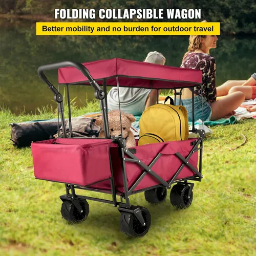 Miniatura 2 de Happbuy Vagón Plegable con Toldo Extraíble, 220lbs Vagón de Playa Plegable de Servicio Pesado con Ruedas Grandes Rojo