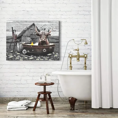 Miniatura 5 de Divertido arte de pared de vaca de las tierras altas, imágenes de baño, decoración de granja, 12 x 16 pulgadas enmarcado
