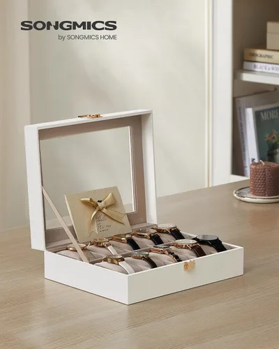 Miniatura 2 de SONGMICS Caja de reloj, regalos de Navidad, caja de reloj de 10 ranuras con tapa de vidrio grande, almohadas de reloj extraíbles, organizador