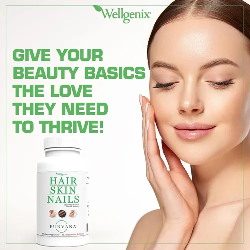 Miniatura 4 de Wellgenix Purvana Suplemento para la piel y las uñas – 2500 mcg de biotina cápsulas blandas con MSM y complejo B – Soporte diario de belleza