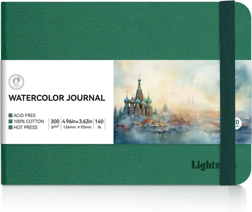 Lightwish Diario de acuarela, 100% algodón, cuaderno de bocetos pequeño de papel de acuarela de prensa en caliente 4.96" x 3.62", 20 hojas Verde