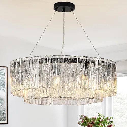 Miniatura 19 de CATINER Candelabro de cristal de 20 pulgadas, moderno, 6 luces, lámparas de tambor dorado, iluminación colgante de techo de lujo para entrada