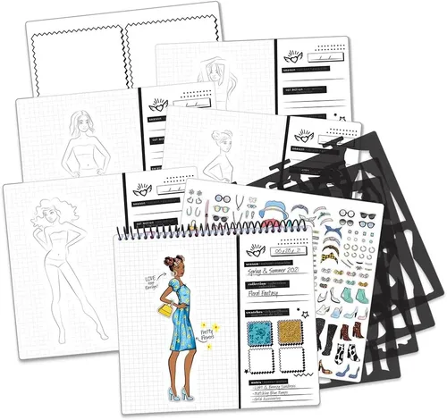 Miniatura 5 de Fashion Angels Portafolio de diseño de pasarela de moda, incluye 35 hojas de bocetos con 4 páginas de plantillas y más de 150 calcomanías, ideal