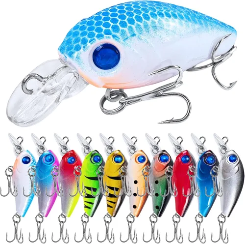 Juego de 10 cebos para pesca de lubina, cebos duros flotantes, pesca de agua superior, para trucha, lubina, perca, salmón, agua dulce y salada, 1.9