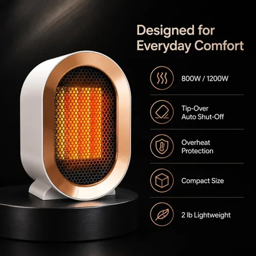 Miniatura 7 de Calentador eléctrico portátil para interiores, calentador de escritorio personal de 1200 W, calefacción silenciosa rápida de cerámica con termostato