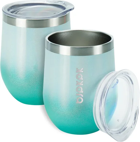Miniatura 8 de BJPKPK 2 vasos de vino aislados de 12 onzas, tazas de café al vacío de doble pared de 12 onzas con tapa, vasos de vino de acero inoxidable A-verde