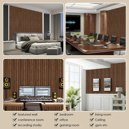 Miniatura 6 de Paquete de 8 paneles de pared con listones 3D, paneles de pared de madera sintética insonorizados para decoración de interiores, 48.2 x 6.3 Nogal