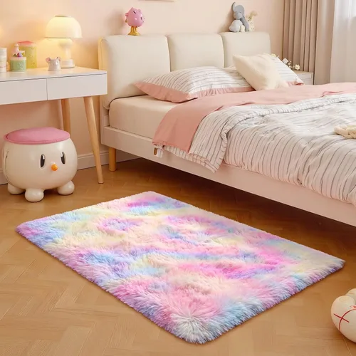 Miniatura 16 de JUNOVO - Alfombra de área lavable, antideslizante, alfombras ultra suaves de 4 x 5.3 pies, alfombras esponjosas para dormitorio, niños, niñas, Azul