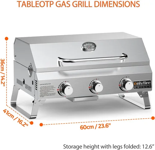 Miniatura 2 de Parrilla de Gas de Mesa 3 Quemadores, Parrilla de Propano Portátil para Barbacoa con Patas Plegables para Barbacoa al Aire Libre, Patio, Jardín