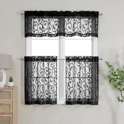 Miniatura 7 de OWENIE Furman - Juego de 2 paneles de cortinas traslúcidas negras de 24 pulgadas de largo, cortinas semitransparentes de jacquard ligeras y aireadas