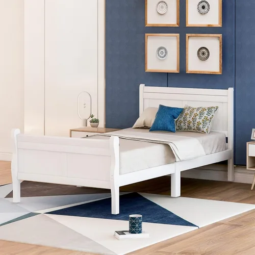 Miniatura 14 de MERITLINE Base de cama de madera tamaño individual con cabecero y estribo, cama de plataforma para niños con soporte de listones, no necesita