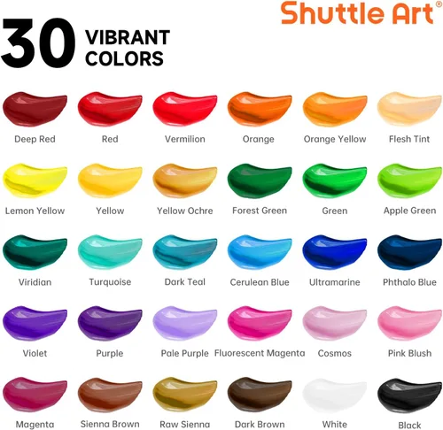 Miniatura 2 de Juego de pintura acrílica de 30 colores Shuttle Art, tubos de 36 ml con 3 pinceles, pintura acrílica de grado artista, para niños, adultos