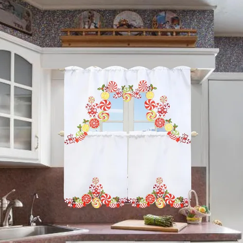 Miniatura 6 de Juego de cortinas bordadas de bastón de caramelo para ventana de cocina con cenefa y niveles para las fiestas navideñas (Bastón de caramelo)