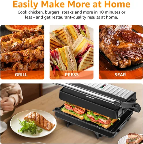Miniatura 6 de Panini - Parrilla de prensa, sandwichera Aigostar de 1000 W con placas antiadherentes de cerámica, abre 180 grados para cualquier tamaño de Negro