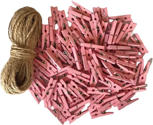 Alfileres de ropa en miniatura para manualidades, adornos de decoración de Navidad, clips pequeños con cordel de yute rosa, paquete de 100 unidades