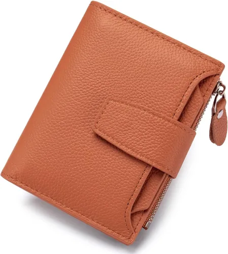 Miniatura 10 de Cartera de piel plegable con bloqueo RFID para mujer, tarjetero compacto con bolsillo con cremallera para monedas y 4 ventanas de identificación