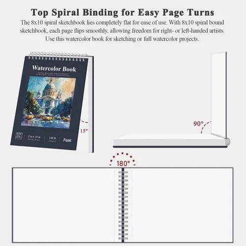 Miniatura 4 de Fuxi - Cuaderno de espiral con papel para acuarela de 8 x 10 pulgadas y 140 libras, 32 hojas (64 páginas), cuaderno de bocetos para acuarela, Azul