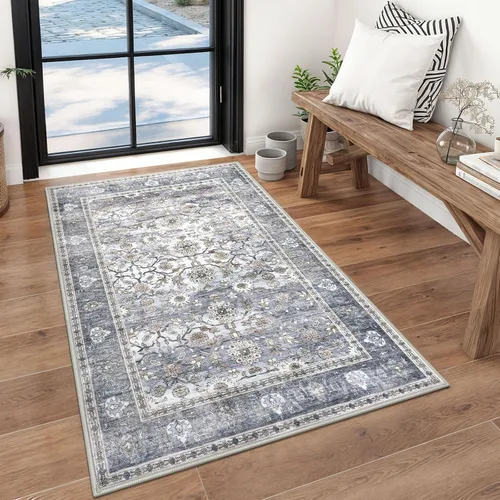 Miniatura 66 de KUTA Alfombras vintage de 2 x 3 pies para entrada, antideslizantes, lavables, tapete para puerta de interior con estampado floral, azul, gris, Azul
