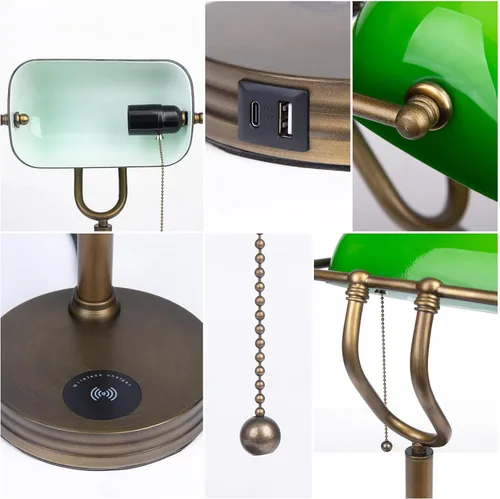 Miniatura 5 de Lámpara de Banco de Vidrio Verde, Lámpara de Escritorio Retro con Puerto de Carga Inalámbrica USB, Lámpara de Mesa con Cadena Clásica, para Mesita