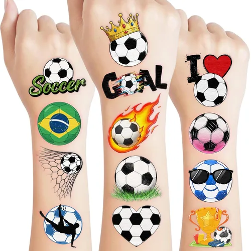 96 calcomanías de tatuajes temporales de fútbol, regalos de fiesta de cumpleaños con temática de fútbol deportivo, suministros de decoración de