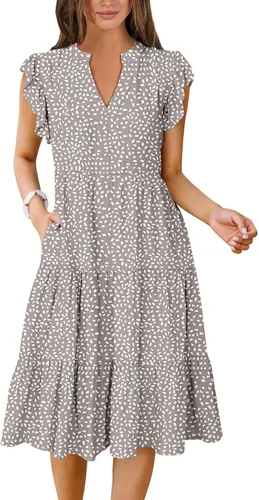 Miniatura 12 de ANRABESS Vestido de verano para mujer, manga con volantes, cuello en V, vestido midi a la moda, casual, holgado, escalonado, bohemio, playa
