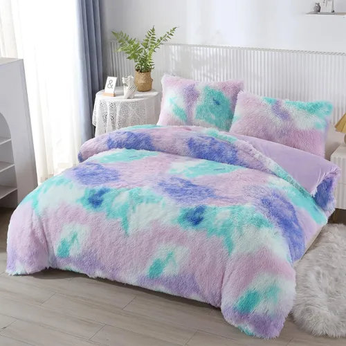 Miniatura 13 de PERFEMET Juego de cama de 3 piezas de felpa azul peluda tamaño queen, estampado de teñido largo, ropa de cama arcoíris de piel sintética para niñas