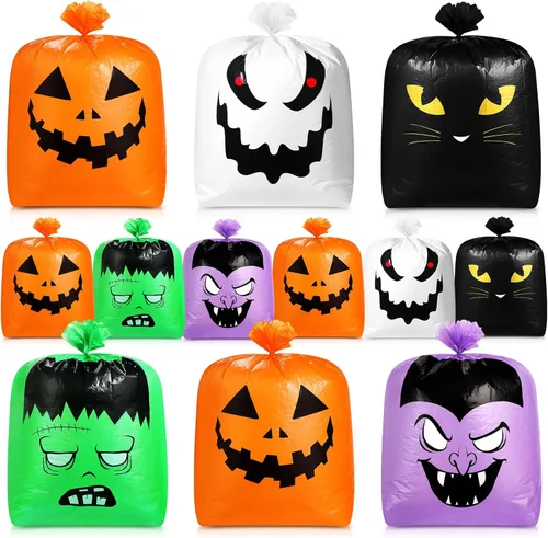 Miniatura 8 de Qilery 6 bolsas de césped de hojas de Halloween, bolsas de basura de calabaza de plástico para hojas con lazos giratorios para Halloween, patio