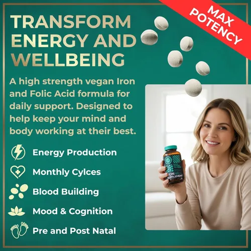 Miniatura 3 de Suplemento de hierro vegano para mujeres con ácido fólico, 35 mg de sulfato ferroso constructor de sangre, ácido fólico 400 mcg, pastillas de hierro