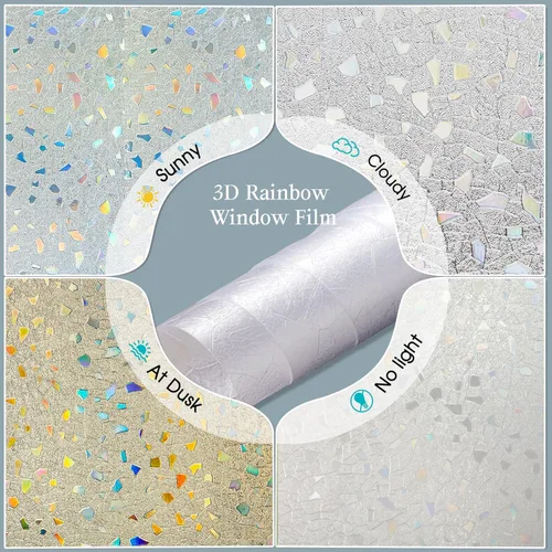 Miniatura 5 de Coavas Película de privacidad para ventana de vidrieras 3D arco iris, control de calor, bloqueo UV, no adhesivo, película de vinilo extraíble, tinte