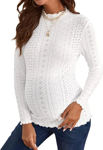SOLY HUX Camiseta de maternidad para mujer, cuello alto falso, ribete de volantes, color liso, manga larga, casual, camiseta