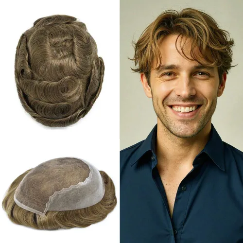 Miniatura 112 de Toupee - Sistemas de reemplazo de cabello para hombre, encaje frontal suizo, nudo blanqueado, pieza de cabello humano natural 1# negro azabache, 8 x