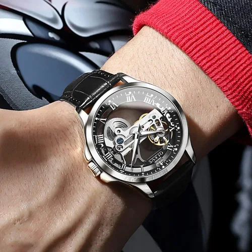 Miniatura 4 de OLEVS Relojes de esqueleto para hombre, automático, mecánico, de lujo, de cuero, impermeable, luminoso, reloj de pulsera para hombre