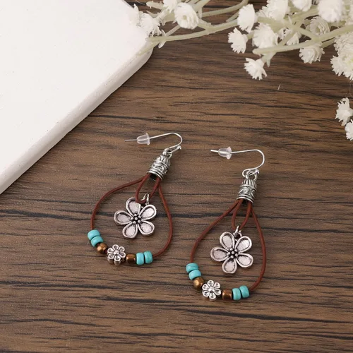 Miniatura 6 de Boho Flower Earrings,Bohemian Western Leather Dangle Drop Earrings with Nature Stones Vintage Handmade Country Concert Outfits Accessories for Women